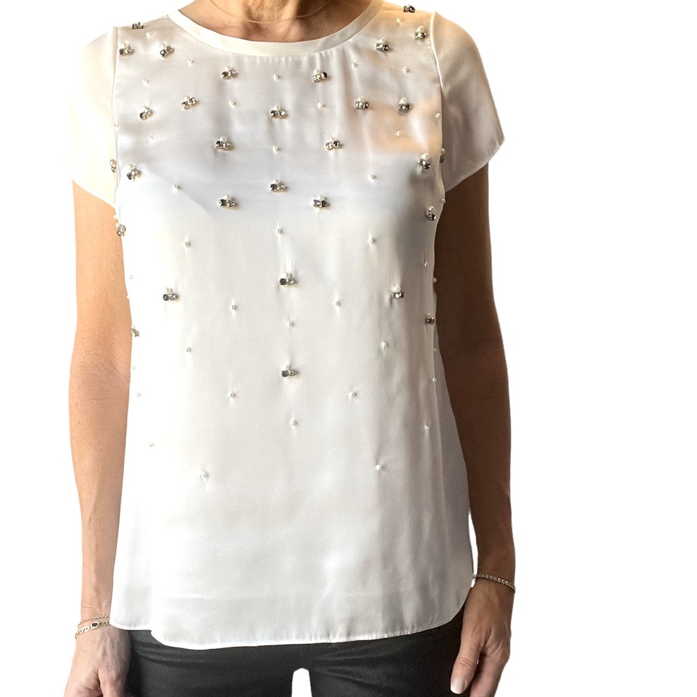 White House Black Market Ivory Top with Jeweled and Pearl Embellishments